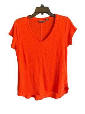 Tahari Women's Orange 100% Linen V-Neck Short Sleeve Tee Shirt Size Medium